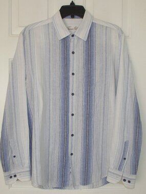Tasso Elba Mens L/S Blue White Linen Cotton Casual Shirt NWOT- Size 15.5/32 or M